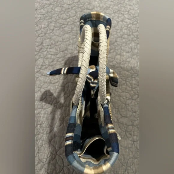 VINTAGE BRIGHTON COLLECTIBLES STRAW HANDBAG WHITE/NAVY BLUE STRIPE INTERIOR - Picture 5 of 14